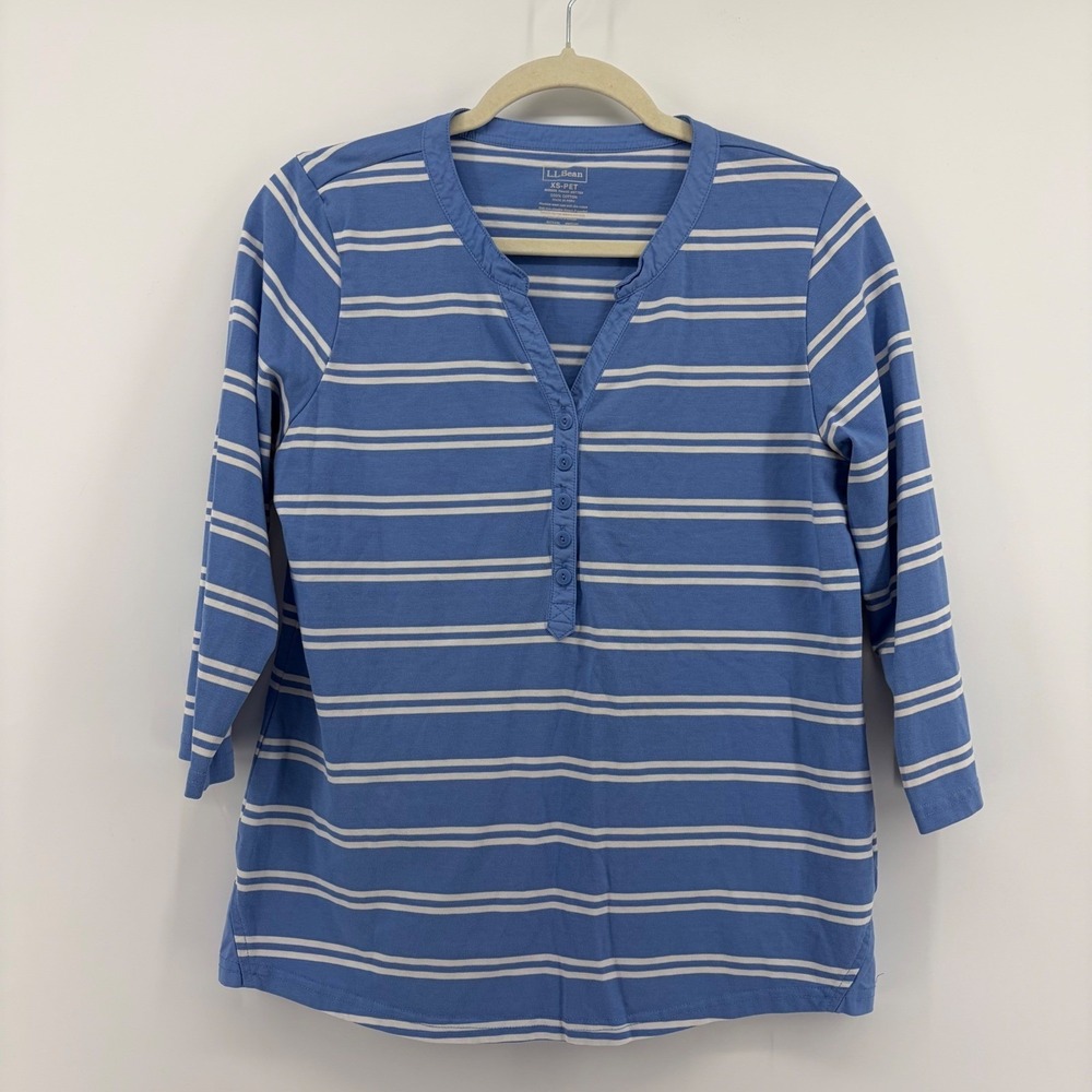 LL Bean Henley Top Blue White Women XS Petite Striped 3/4 Sleeve Pima Cotton